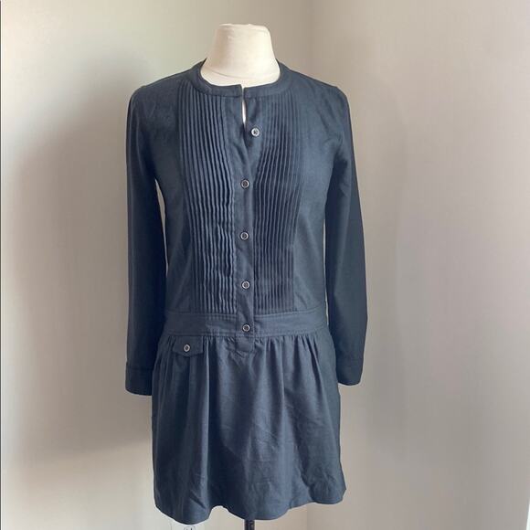 J. Crew Dresses & Skirts - J. CREW Drop Waist Dress Womens Sz 2 Grey Wool Pleated Front Button Down